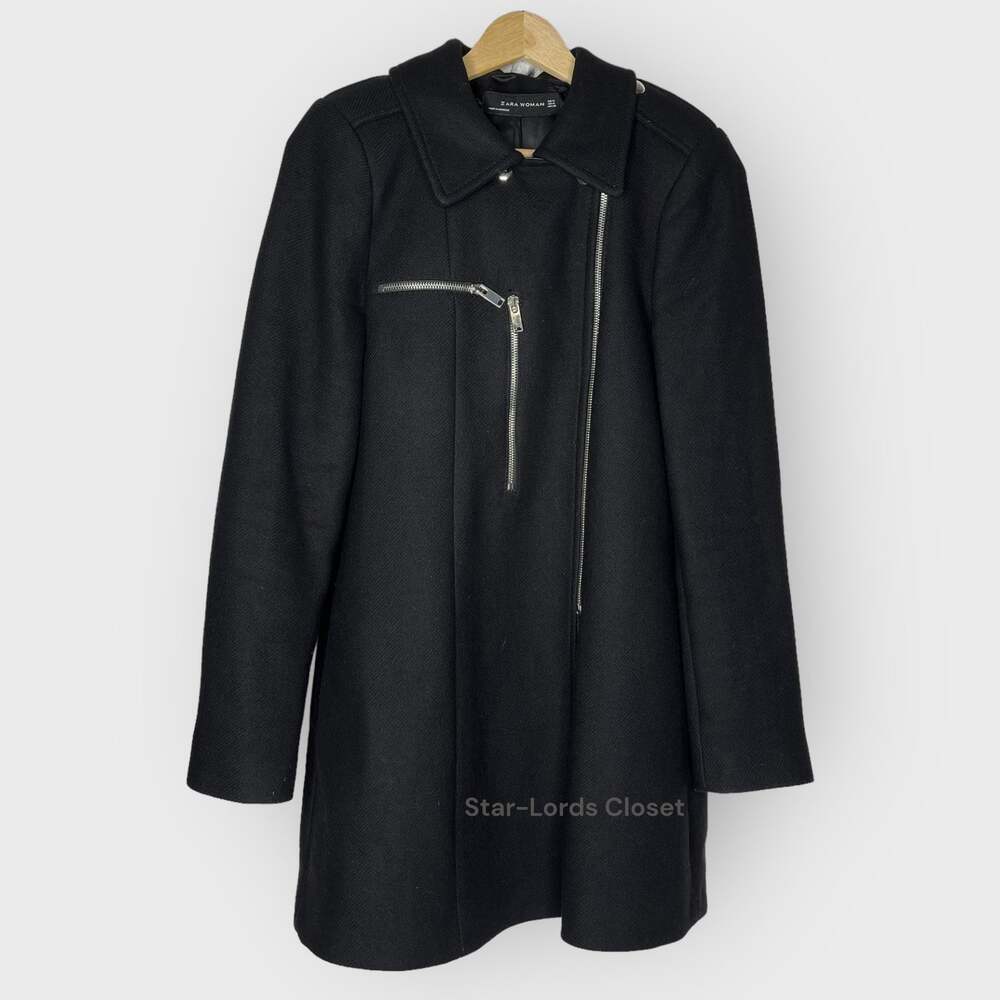 Zara Woman Longline Black Coat Medium Removable Faux Fur Collar Zip Jacket